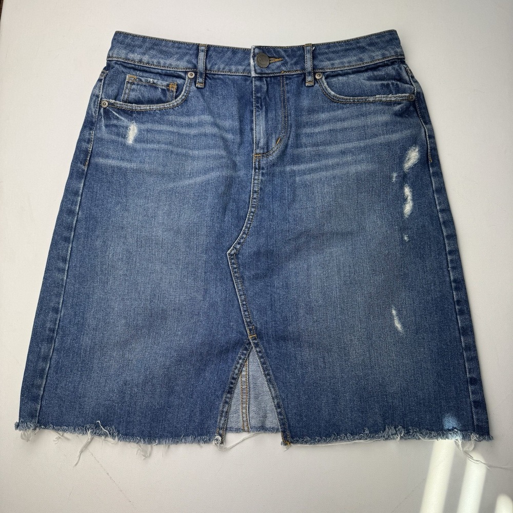 LOFT Denim Skirt Womens 2 Blue Distressed Raw Hem Front Slit 100% Cotton